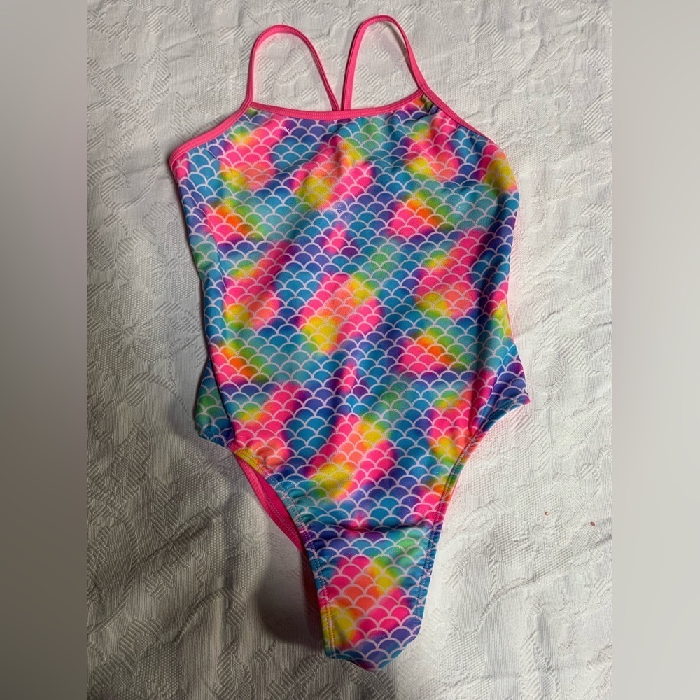 Girls pink mermaid one piece bathing suit
